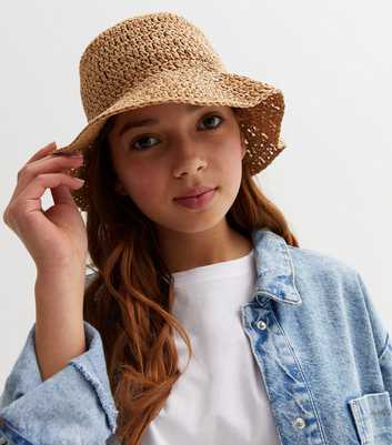 Girls Stone Woven Straw Effect Bucket Hat