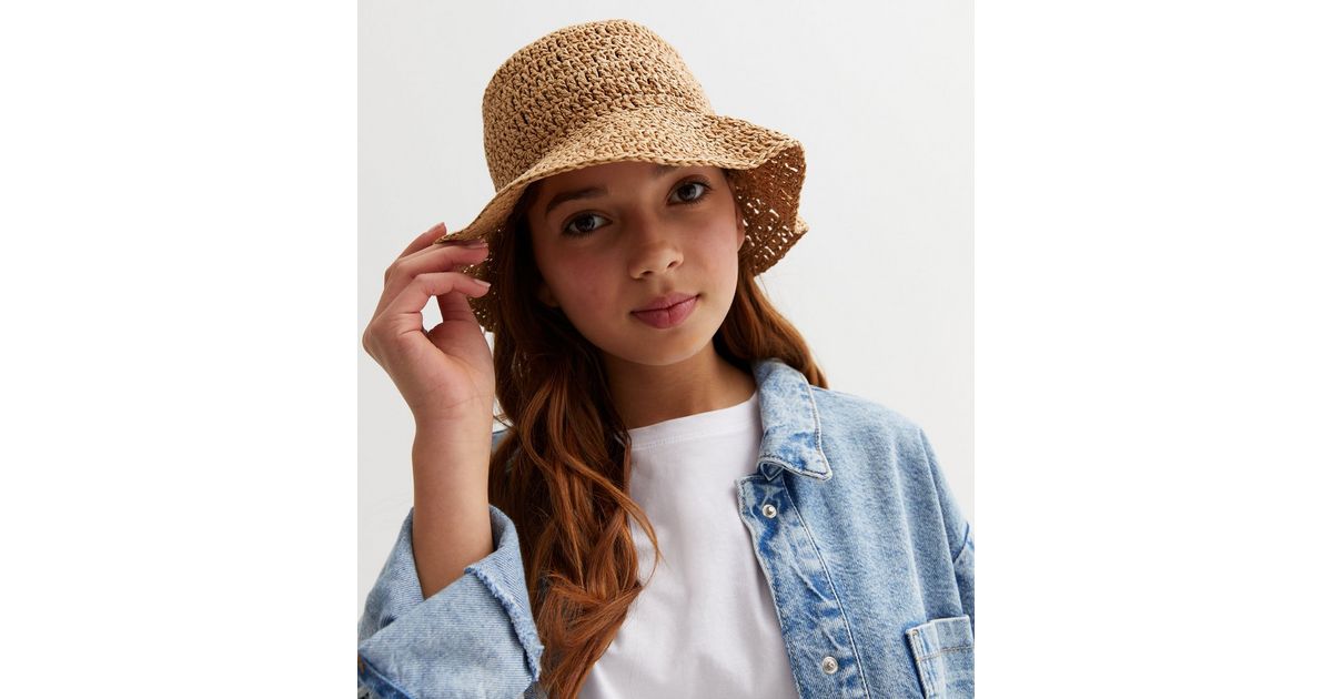 Girls Stone Woven Straw Effect Bucket Hat New Look