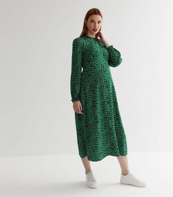 Maternity Green Doodle Print Frill High Neck Midi Dress