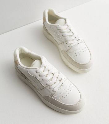 White Leather Look Perforated Colour Block Lace Up Trainers New Look