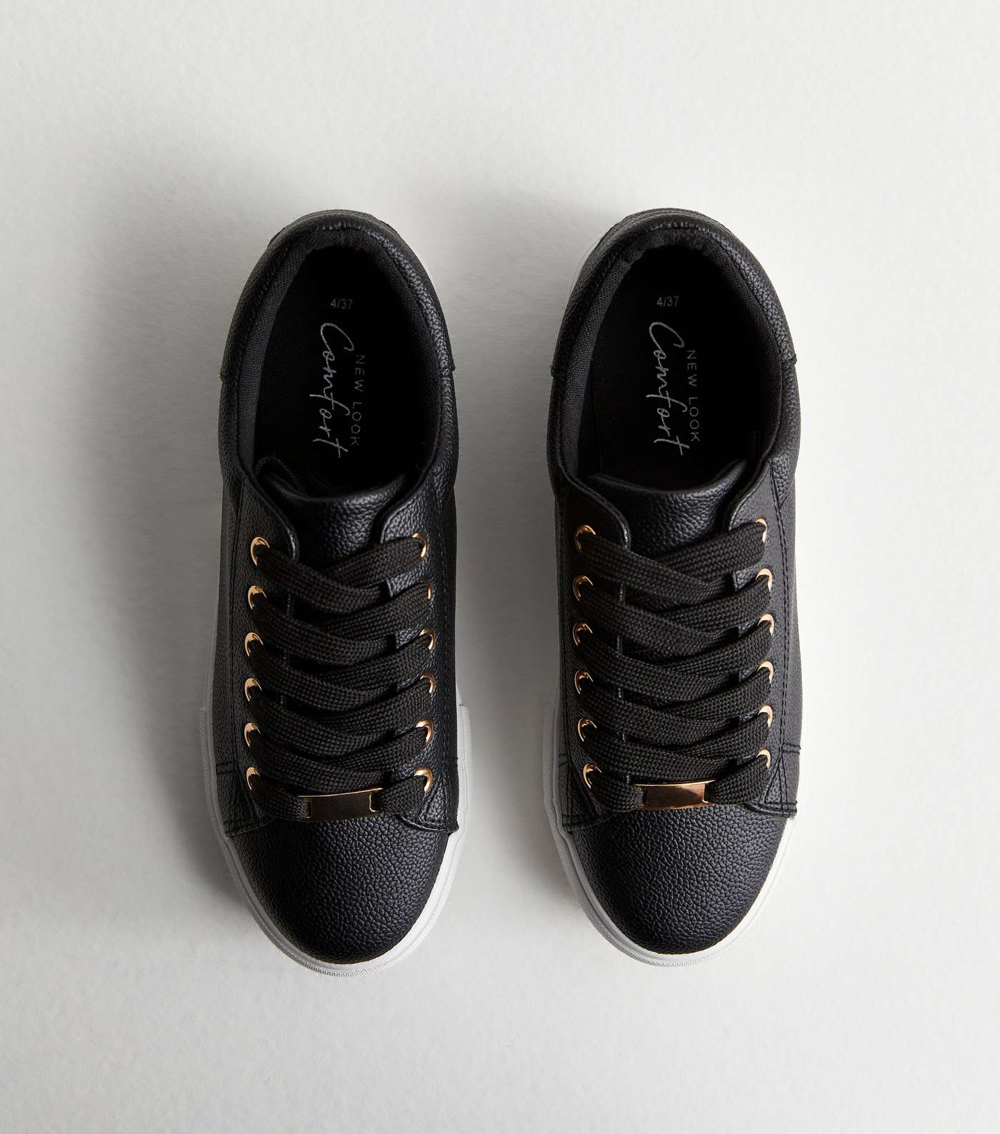 Black Leather-Look Metal Trim Lace Up Trainers Image 3