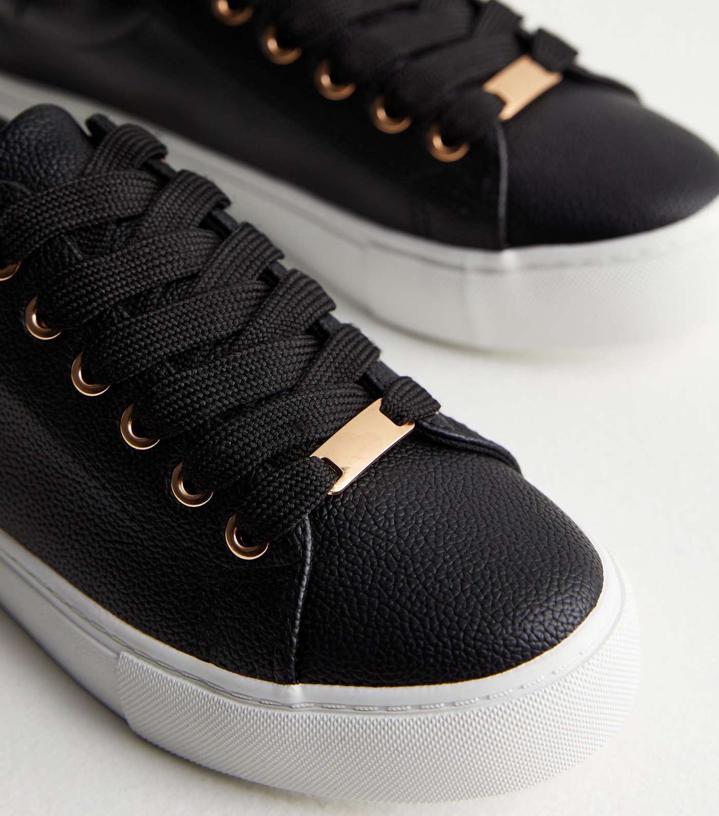 Black Leather-Look Metal Trim Lace Up Trainers Image 5