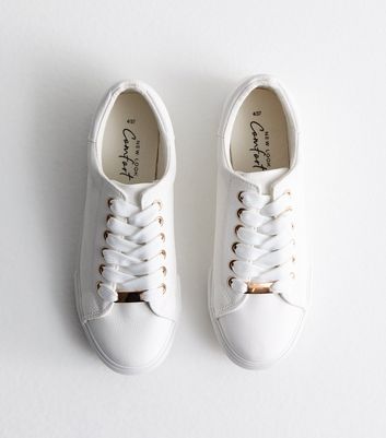White Leather-Look Metal Trim Lace Up Trainers New Look Vegan