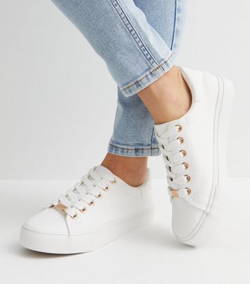 White Leather-Look Metal Trim Lace Up Trainers | New Look