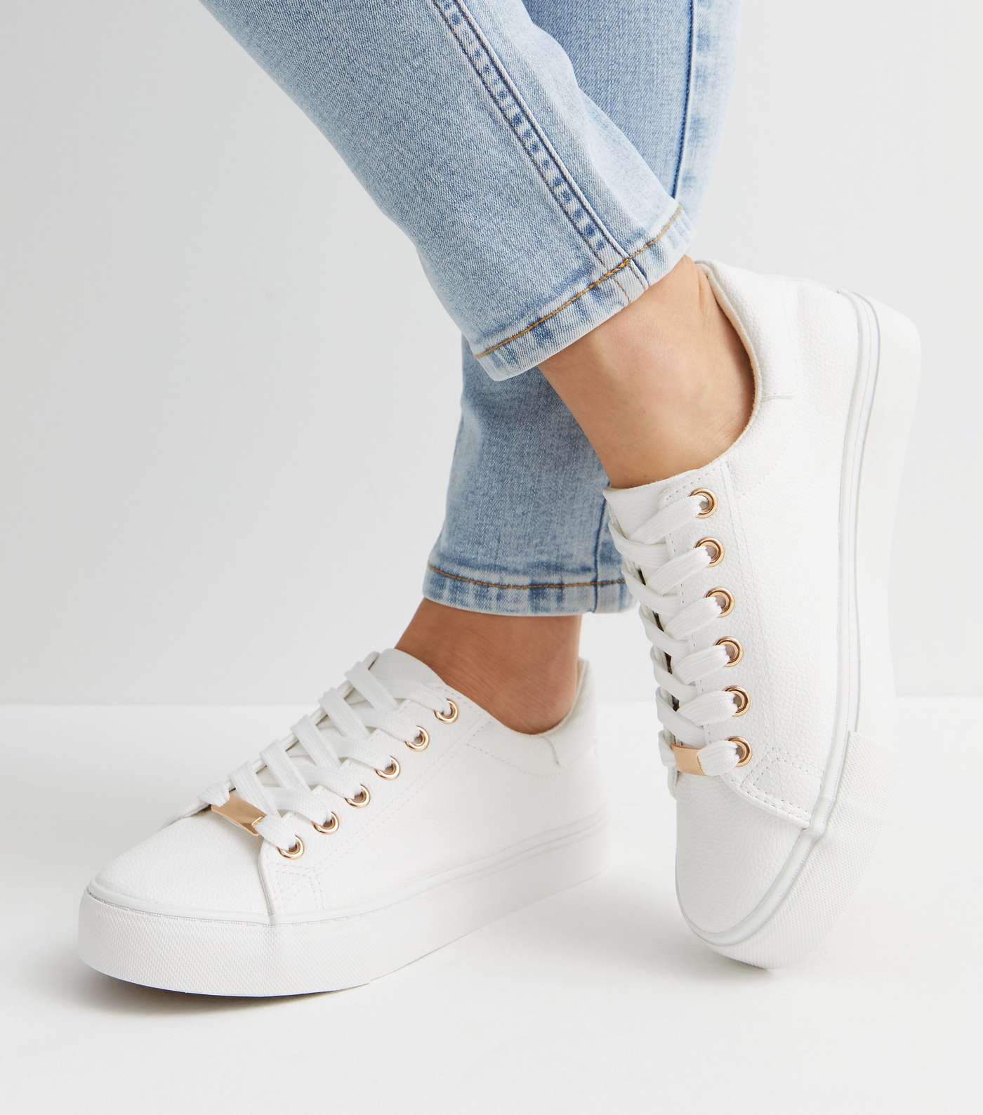 White Leather-Look Metal Trim Lace Up Trainers Image 2