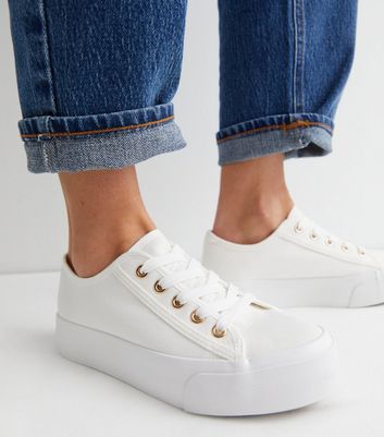 White Canvas Flatform Trainers New Look