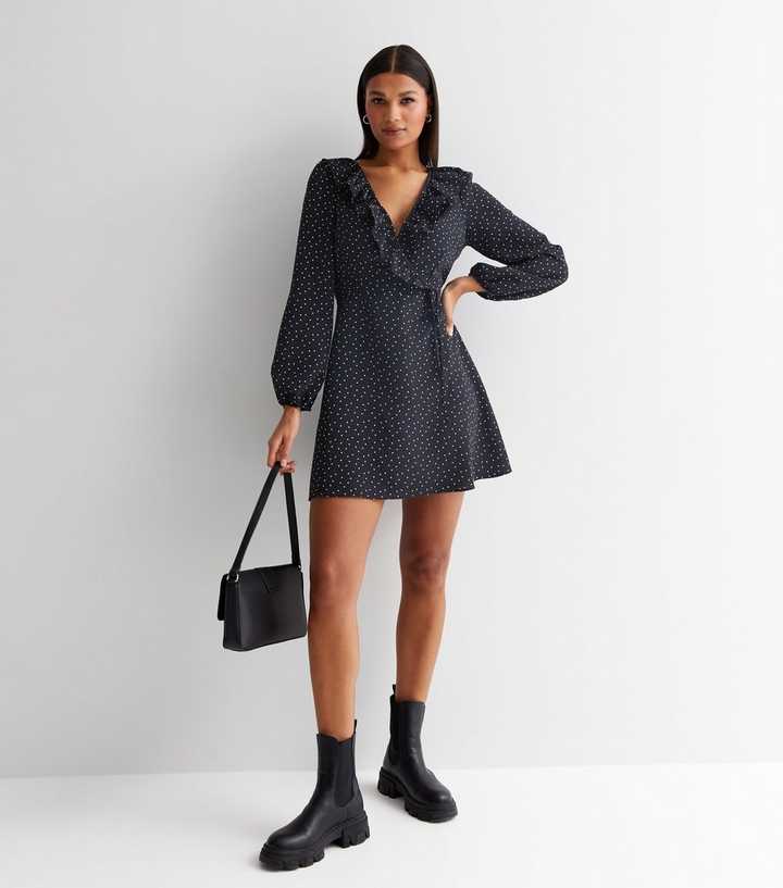 Black Spot V Neck Long Puff Sleeve Frill Wrap Mini Dress