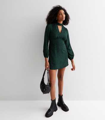 Green Animal Print Keyhole Puff Sleeve Mini Dress