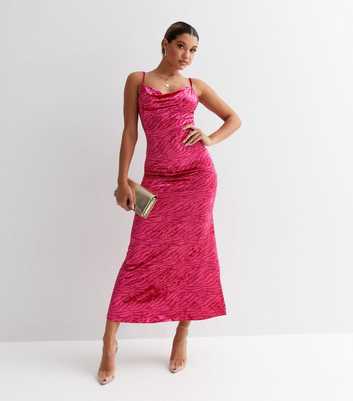 VILA Pink Velvet Zebra Print Cowl Neck Strappy Midi Dress