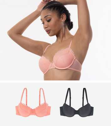 Dorina 2 Pack Coral and Grey Stripe Lace Bras