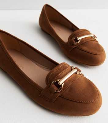Tan Suedette Gold Buckle Loafers