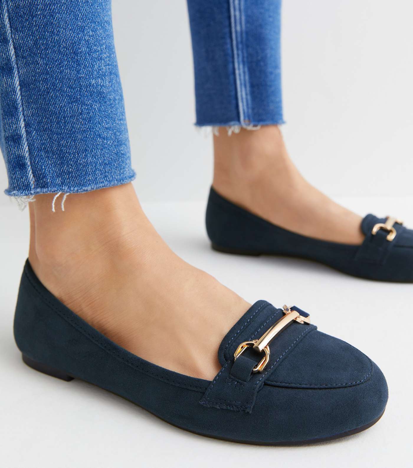 Navy Suedette Gold Buckle Loafers Image 2