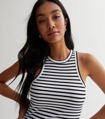 Black Stripe Ribbed Jersey Racer Vest | New Look