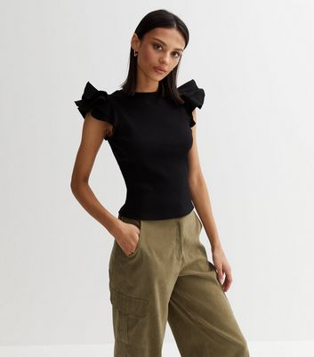 Black Ribbed Frill Sleeve Top | New Look