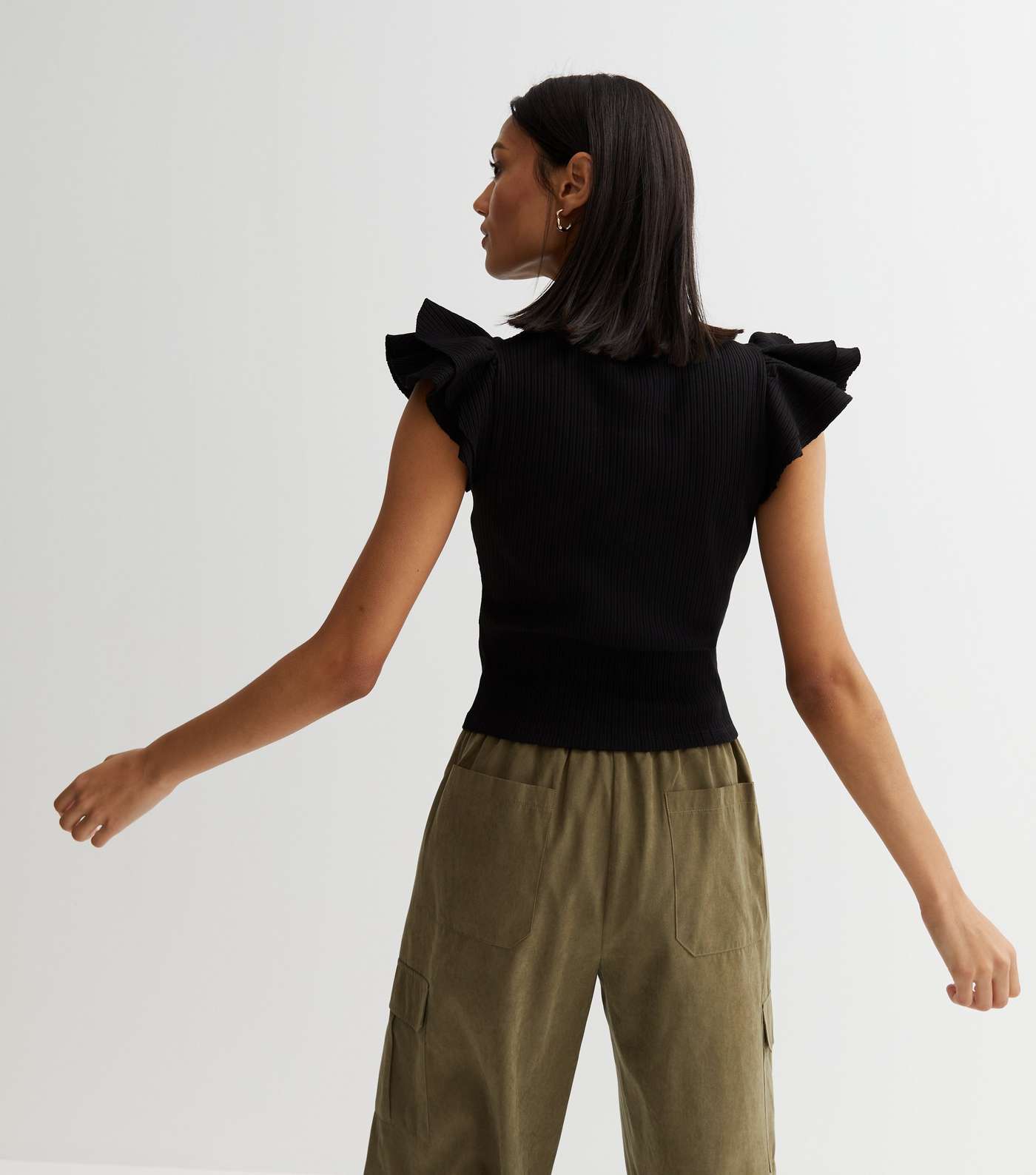 Black Ribbed Frill Sleeve Top Image 4