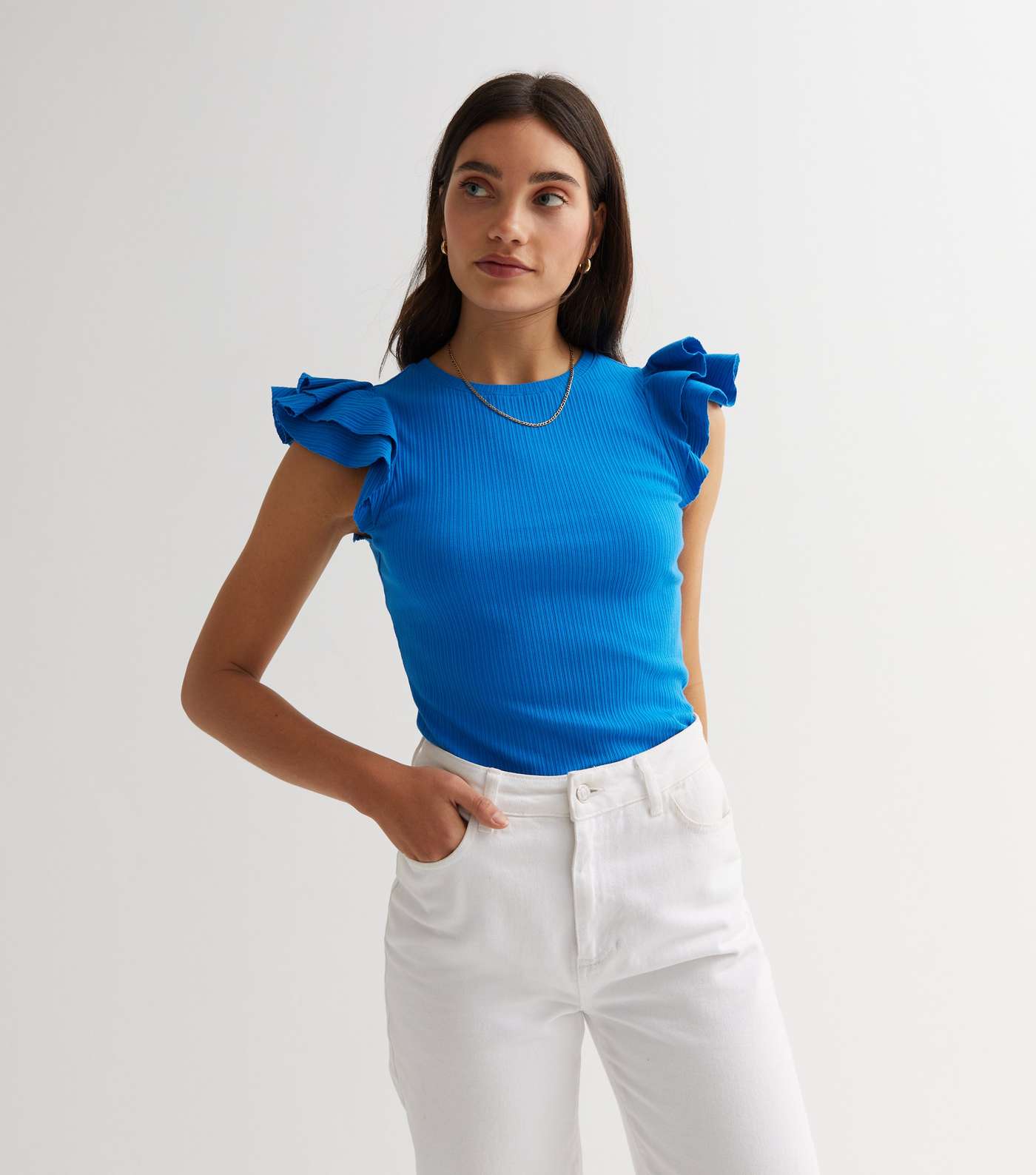 Bright Blue Ribbed Frill Sleeve Top