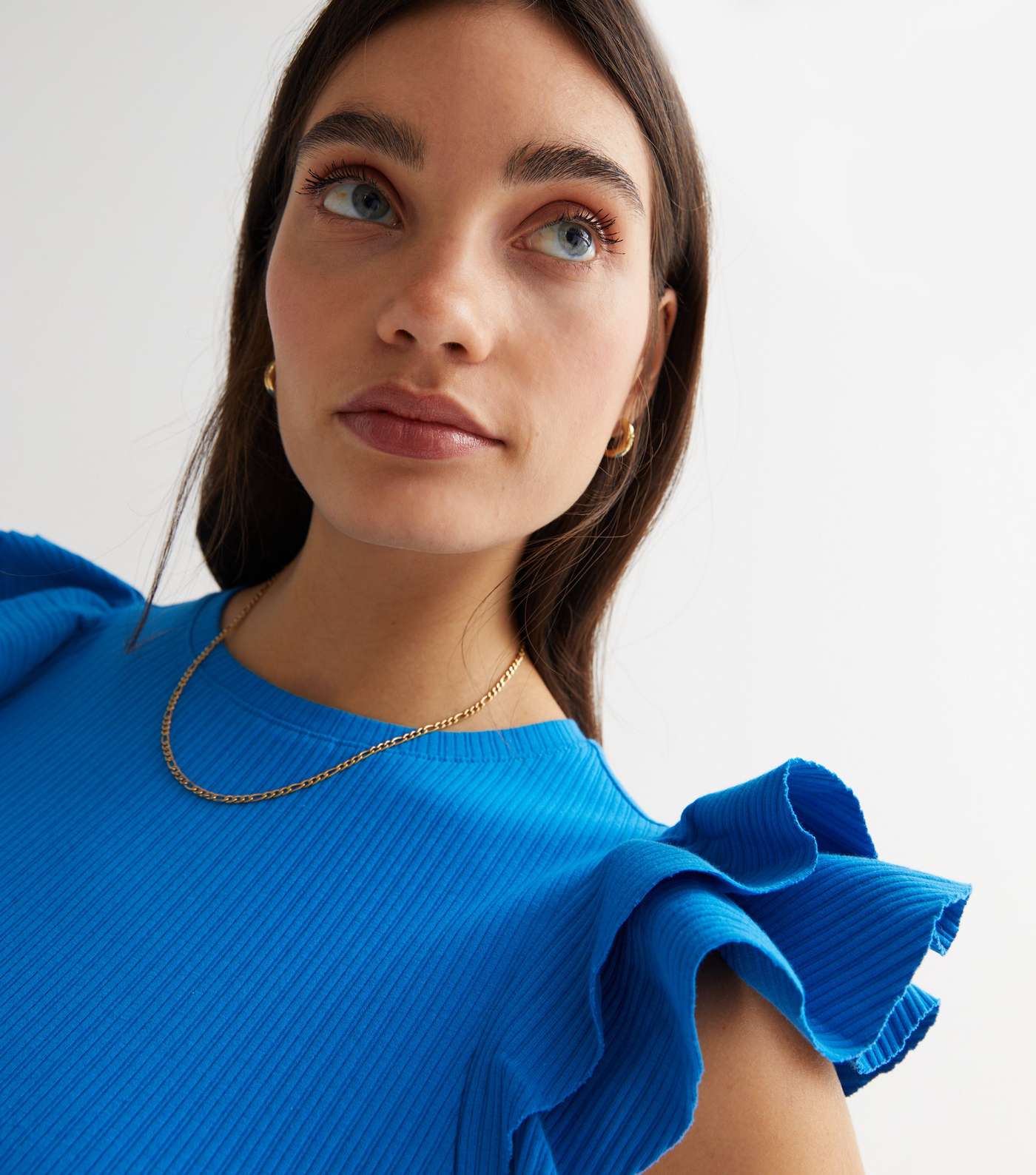 Bright Blue Ribbed Frill Sleeve Top Image 3
