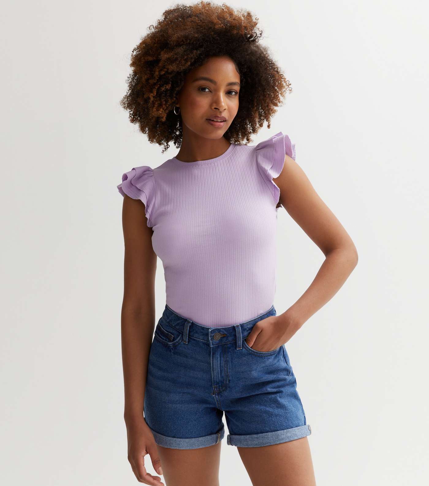 Lilac Ribbed Frill Sleeve Top
