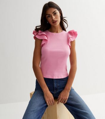 Pink Ribbed Frill Sleeve Top | New Look