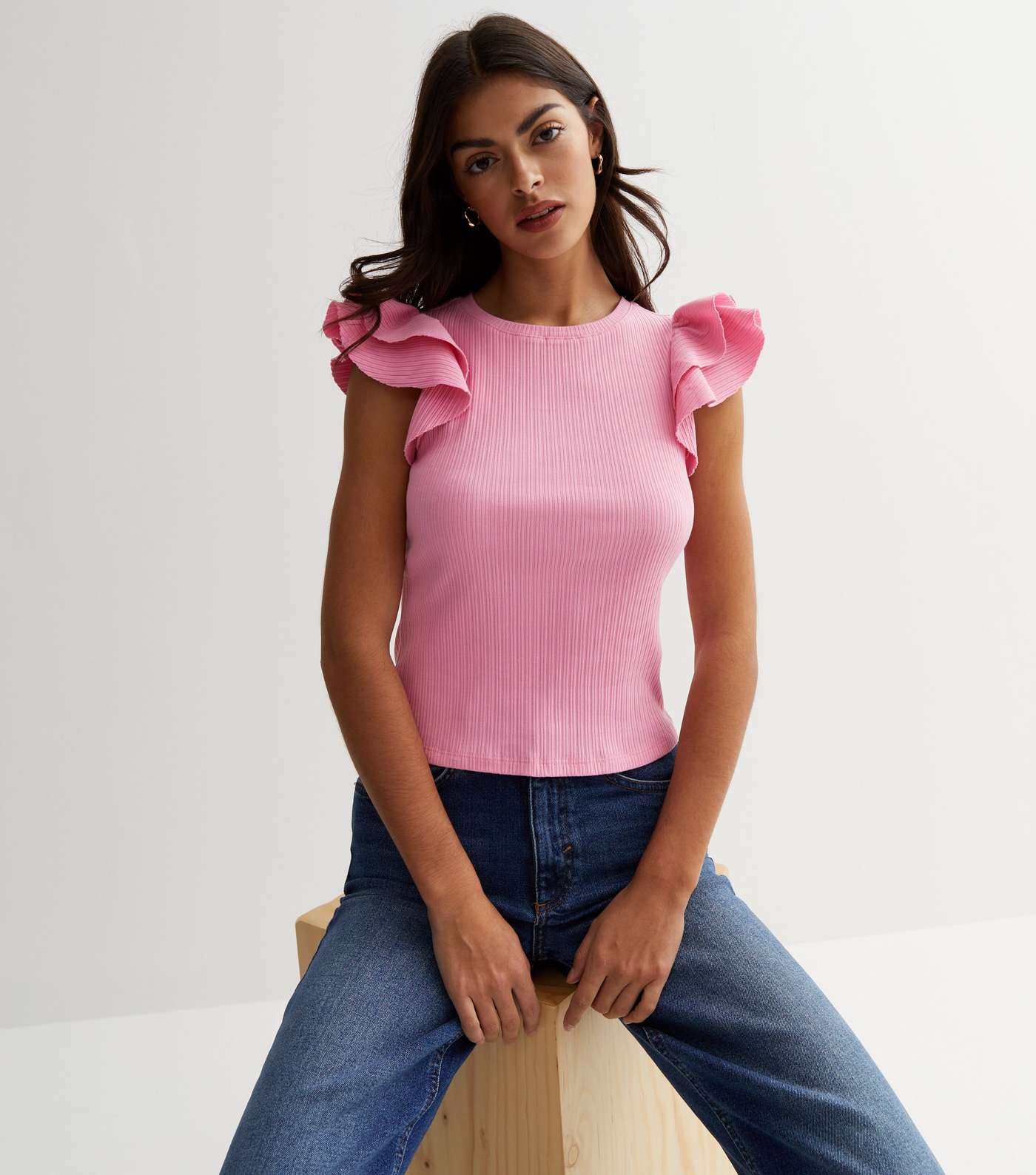 Pink Ribbed Frill Sleeve Top Image 2