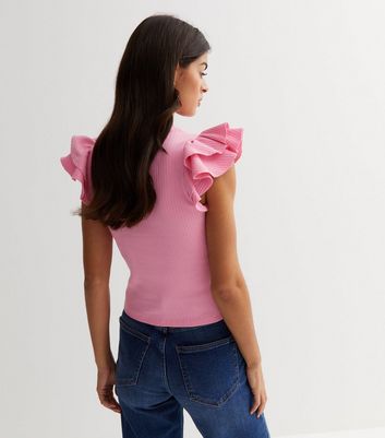 Pink Ribbed Frill Sleeve Top | New Look