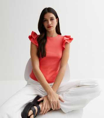 Coral Ribbed Crew Neck Short Frill Sleeve Top