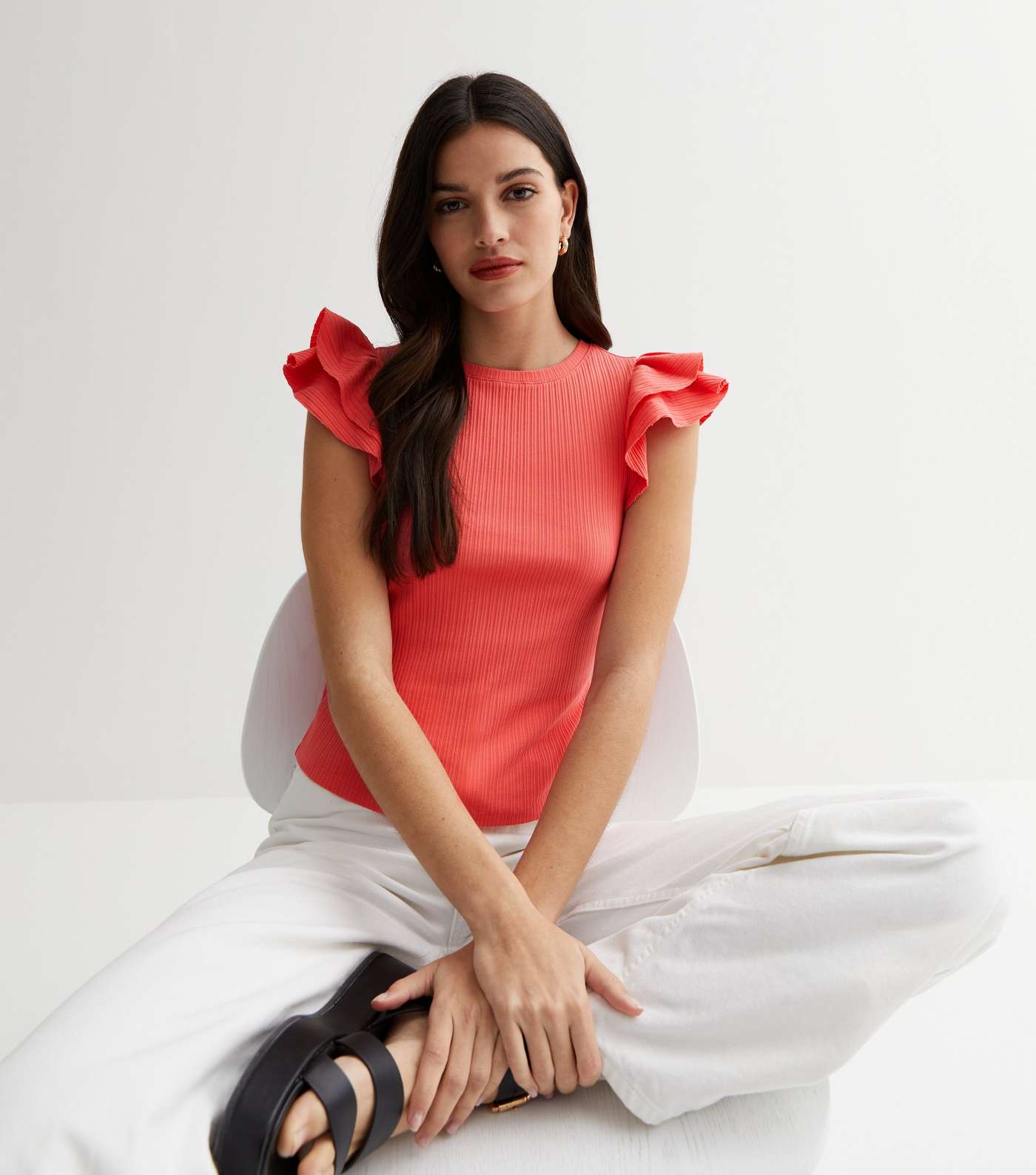 Coral Ribbed Frill Sleeve Top