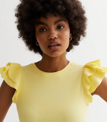 Pale Yellow Ribbed Frill Sleeve Top | New Look