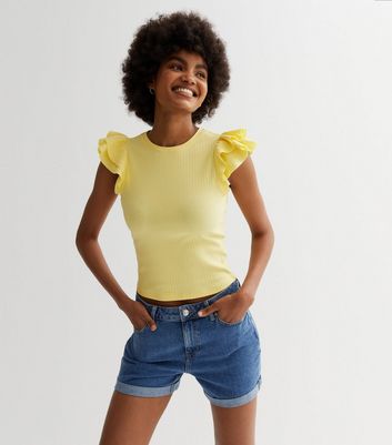 Pale Yellow Ribbed Frill Sleeve Top | New Look