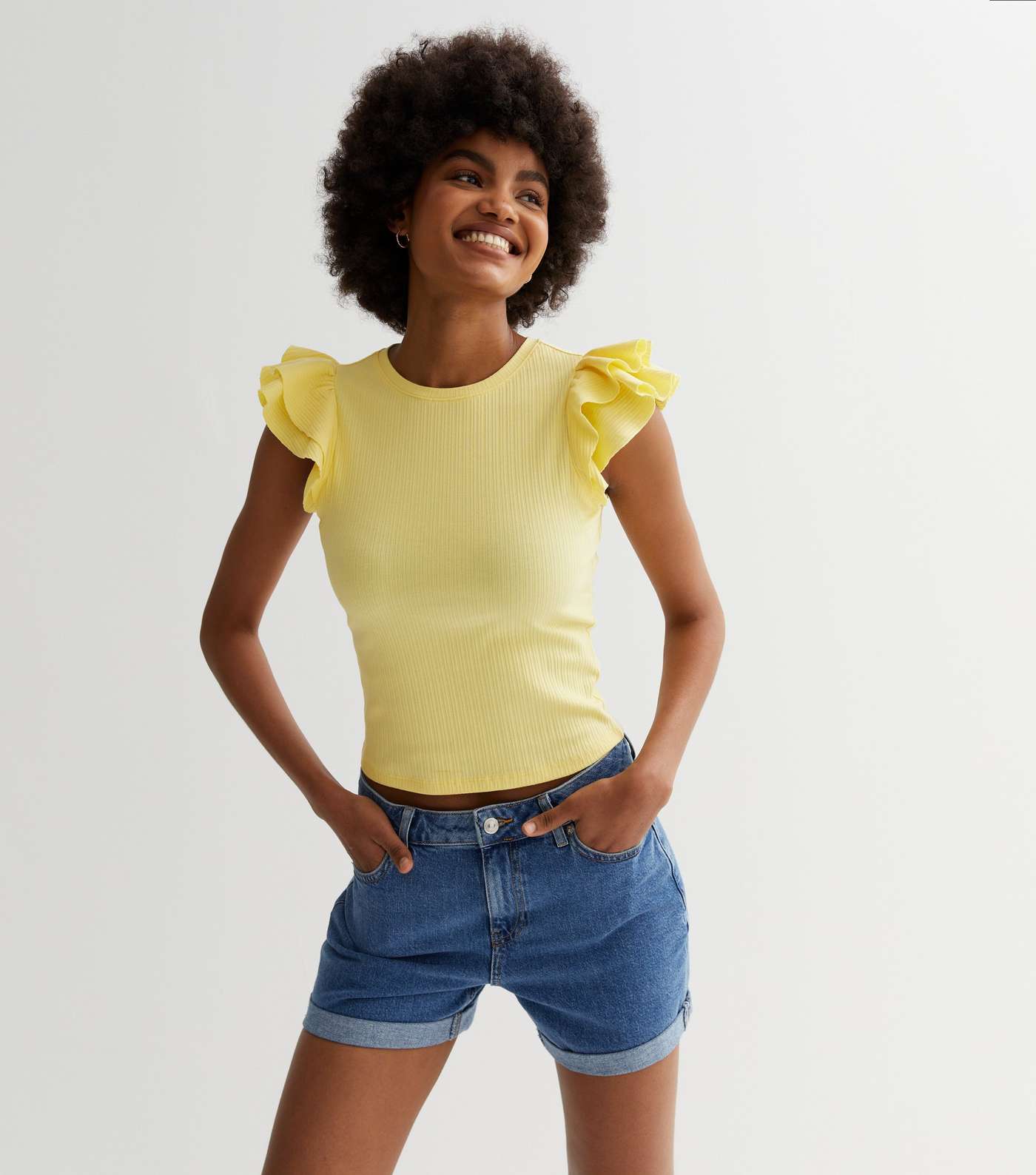 Pale Yellow Ribbed Frill Sleeve Top Image 2