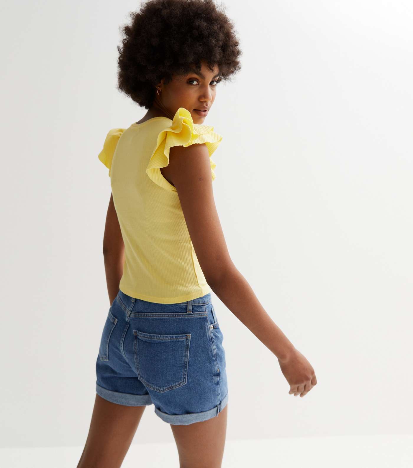 Pale Yellow Ribbed Frill Sleeve Top Image 4