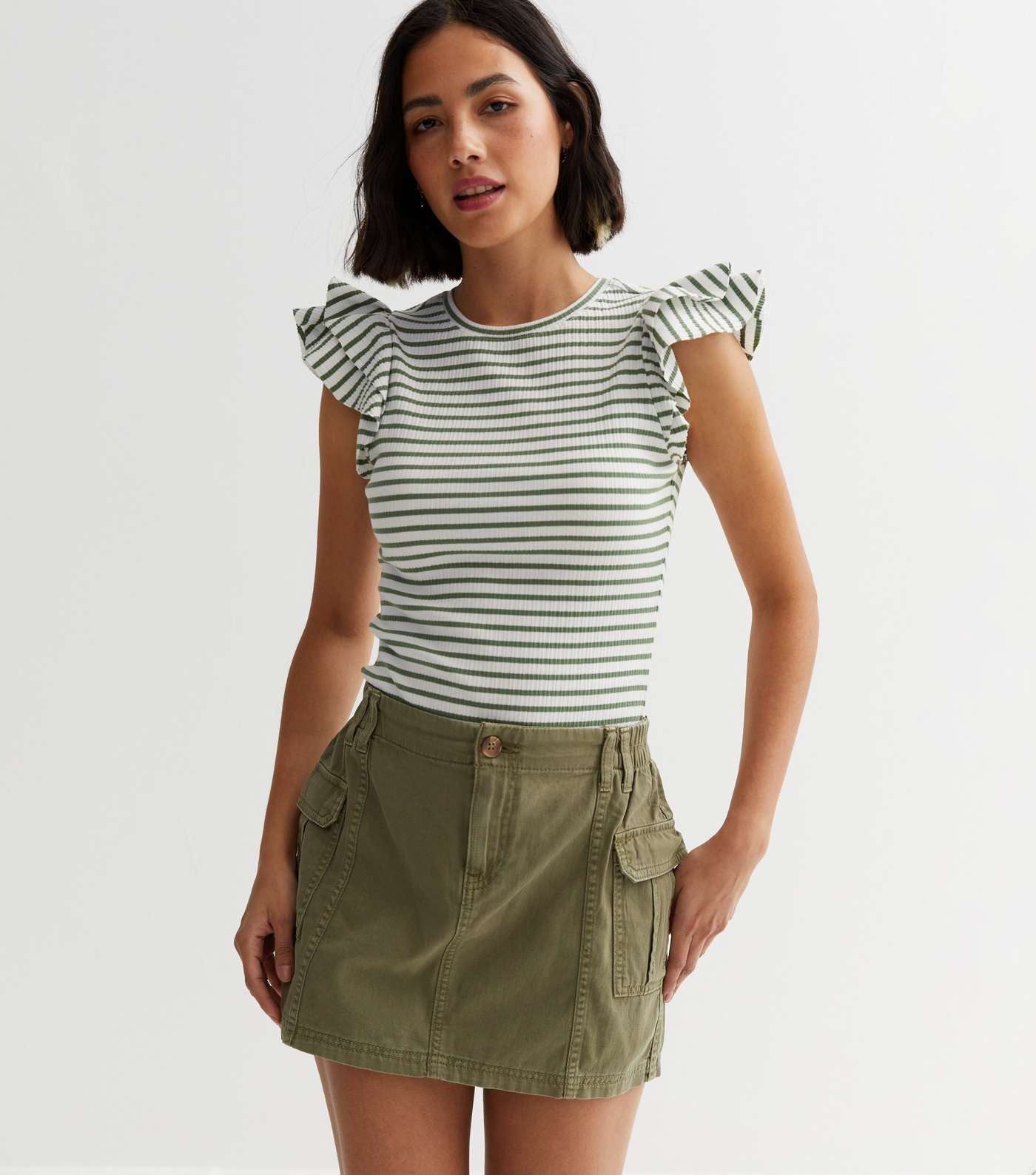 Green Stripe Ribbed Jersey Frill Sleeve Top