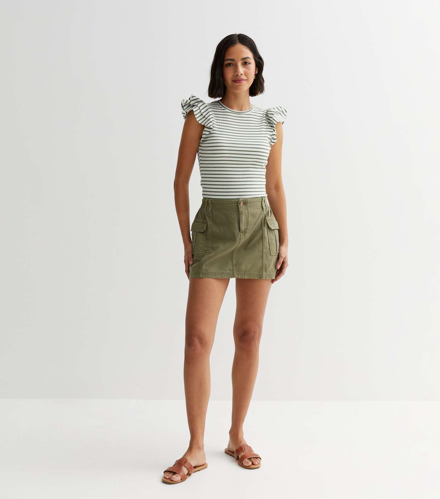 Green Stripe Ribbed Jersey Frill Sleeve Top Image 3