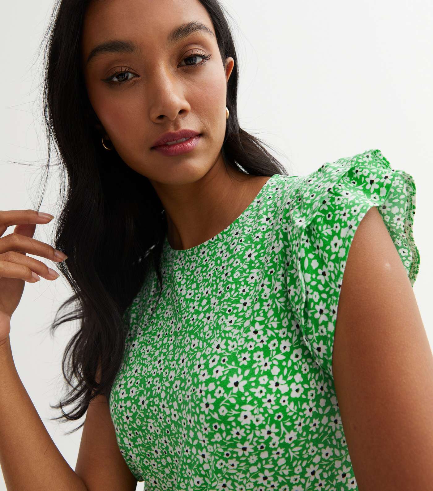 Green Floral Frill Sleeve Top Image 2