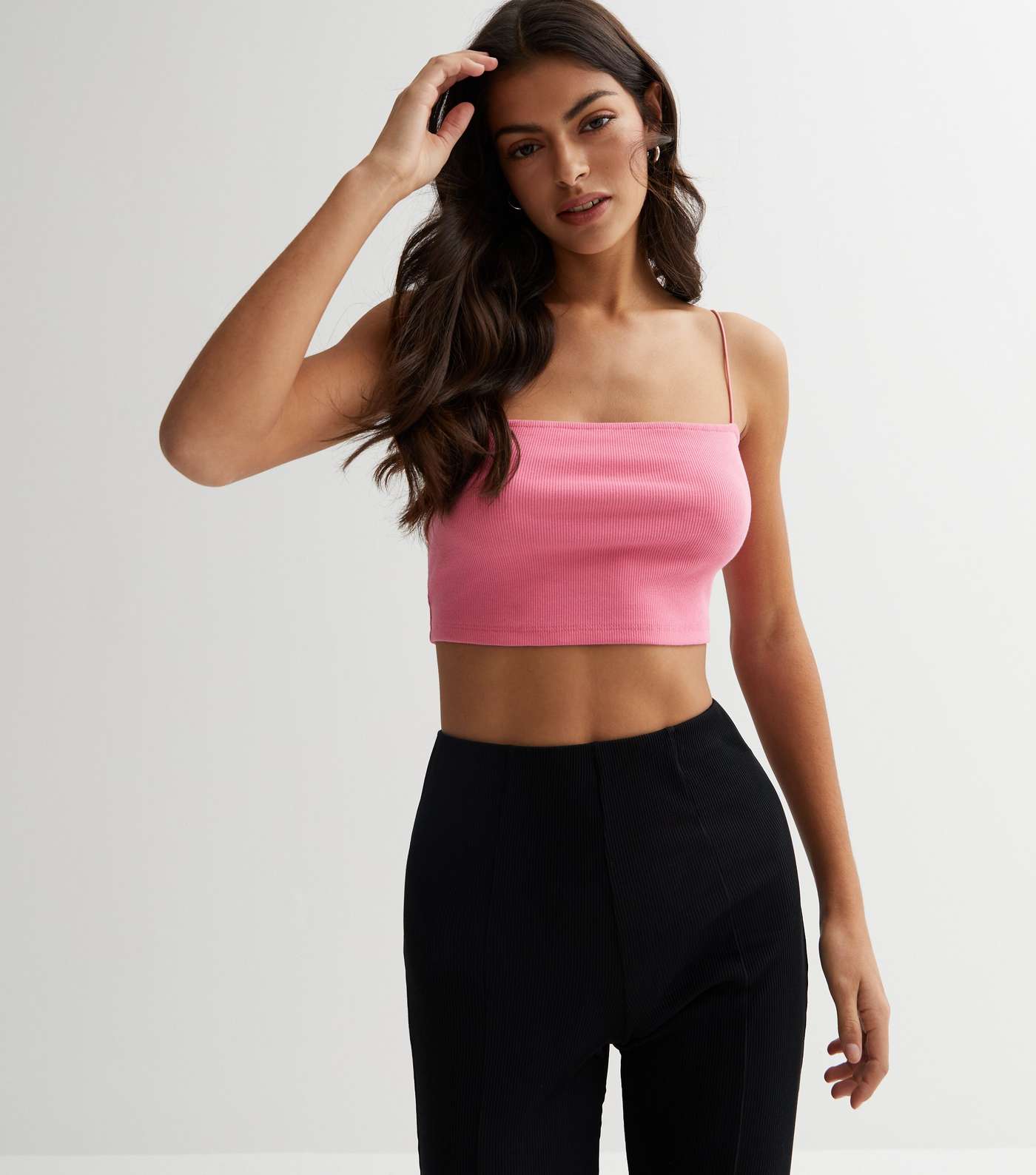 Pale Pink Ribbed Jersey Strappy Crop Cami