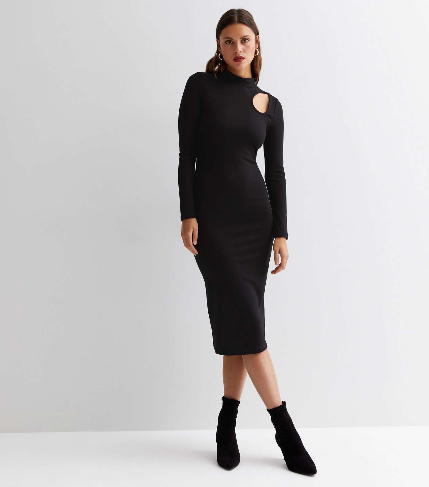 Black Jersey High Neck Long Sleeve Cut Out Midaxi Bodycon Dress Image 3