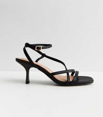 Black Leather-Look Strappy Stiletto Kitten Heel Sandals