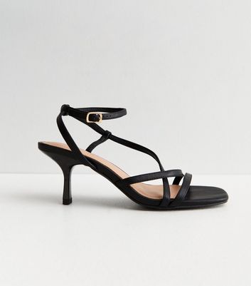 Black Faux Croc Strappy Ankle Tie Block Heel Sandals | New Look