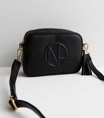 Black Leather-Look Embossed Logo Cross Body Bag