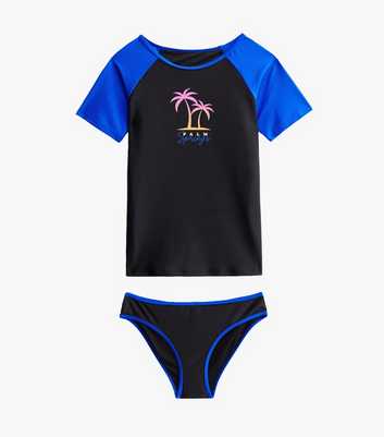 Girls Black Colour Block Palm Springs Logo Sun Safe Swimwear Set