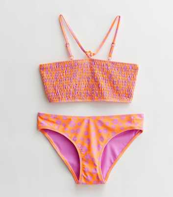Girls Orange Ditsy Floral Shirred Bandeau Bikini Set