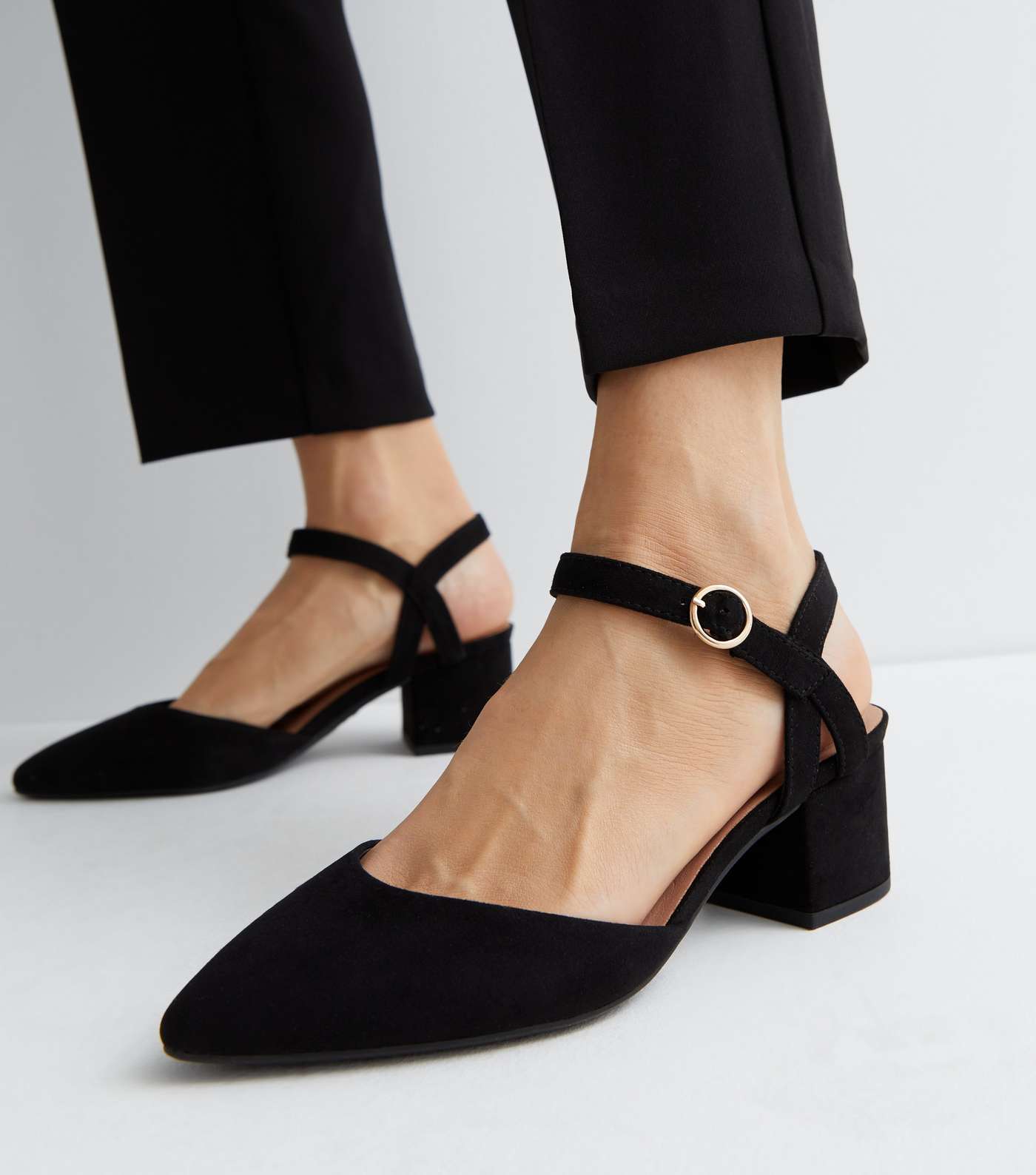 Wide Fit Black Suedette Pointed Mid Block Heel Court Shoes Image 2
