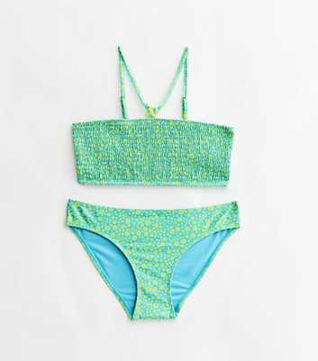 Girls Green Ditsy Floral Shirred Bandeau Bikini Set
