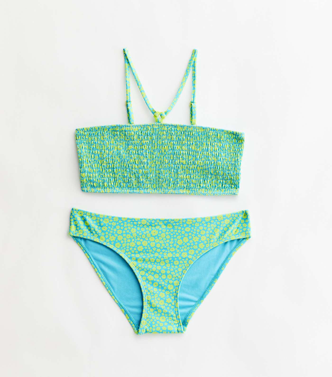 Girls Green Ditsy Floral Shirred Bandeau Bikini Set
