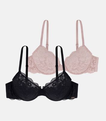 Dorina 2 Pack Black and Pale Pink Lace Non Padded Bras New Look