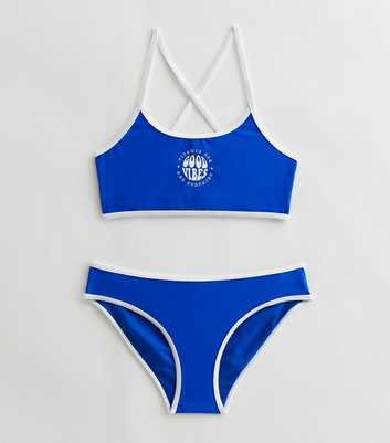 Girls Blue Good Vibes Logo Bikini Top and Bottoms Set