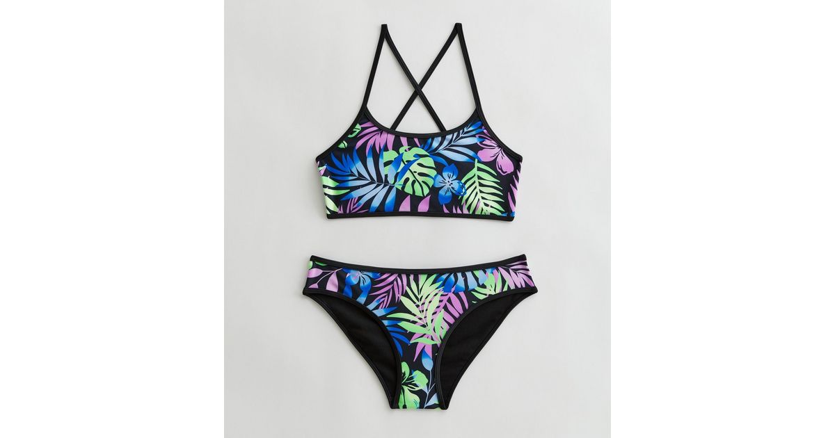 Girls Multicoloured Tropical Strappy Bikini Top and Bottoms Set New Look