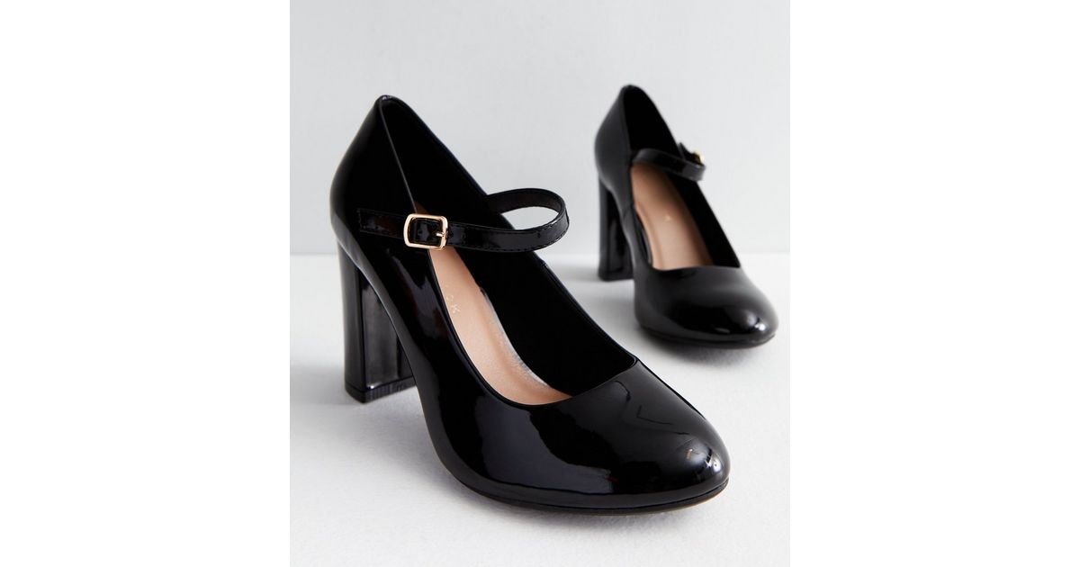 Wide Fit Black Patent Block Heel Mary Jane Shoes | New Look