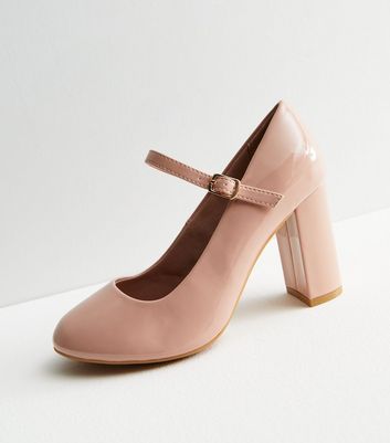 Wide Fit Pale Pink Patent Block Heel Mary Jane Shoes New Look