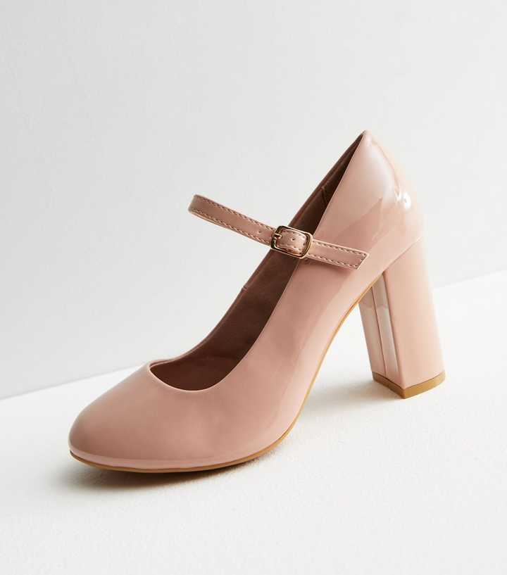 Wide Fit Pale Pink Patent Block Heel Mary Jane Shoes | New Look